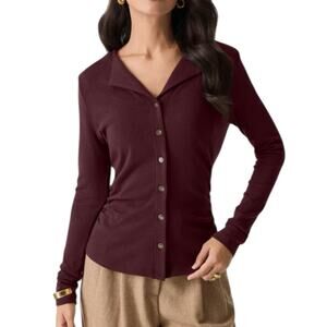 NWT OGL Prowarm Flapped V Neck Button Front Side Ruched Top Ruby Size Medium